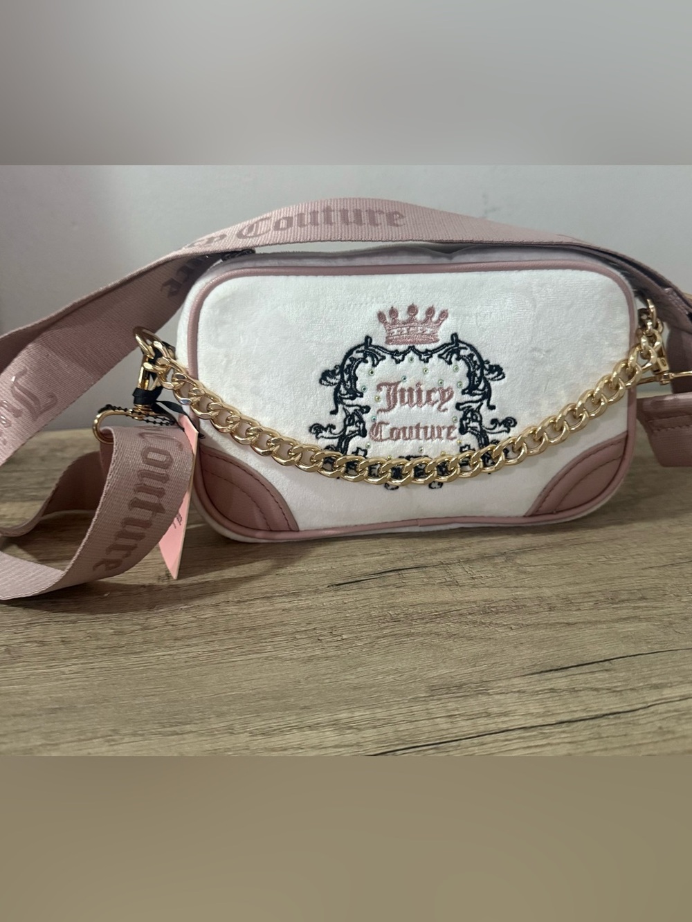 Juicy Couture Pink and White Velvet Crossbody with Gold Chain